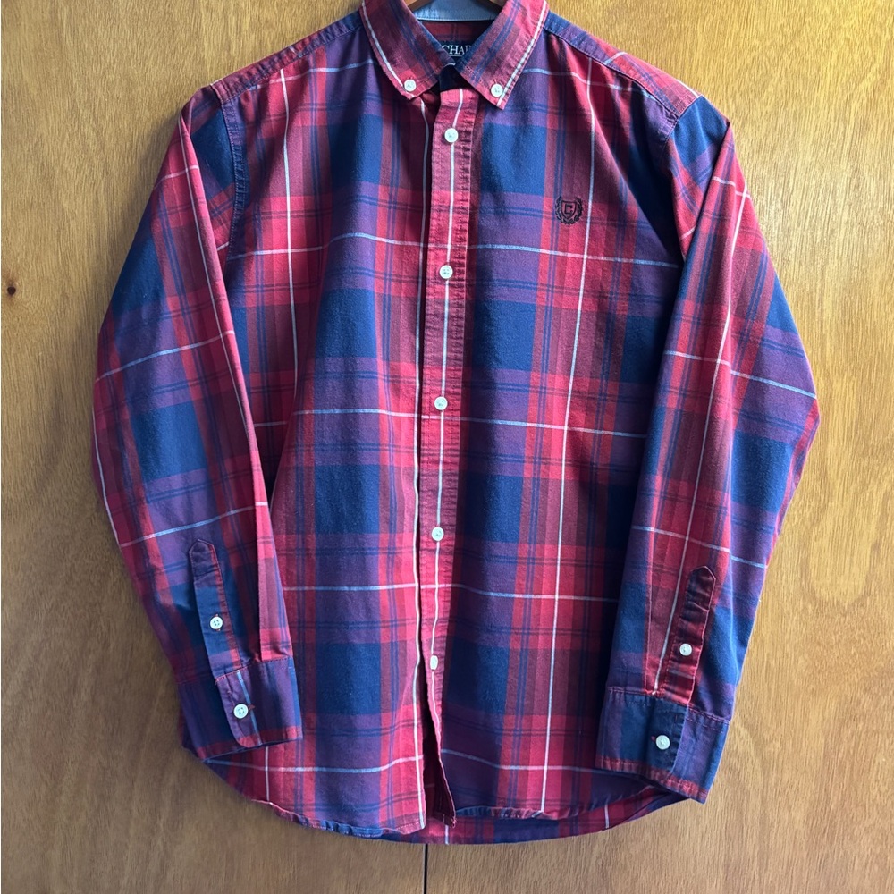 Boys Chaps Large 14/16 Collard Long Sleeve Button Down Red and Blue Plaid Shirt
